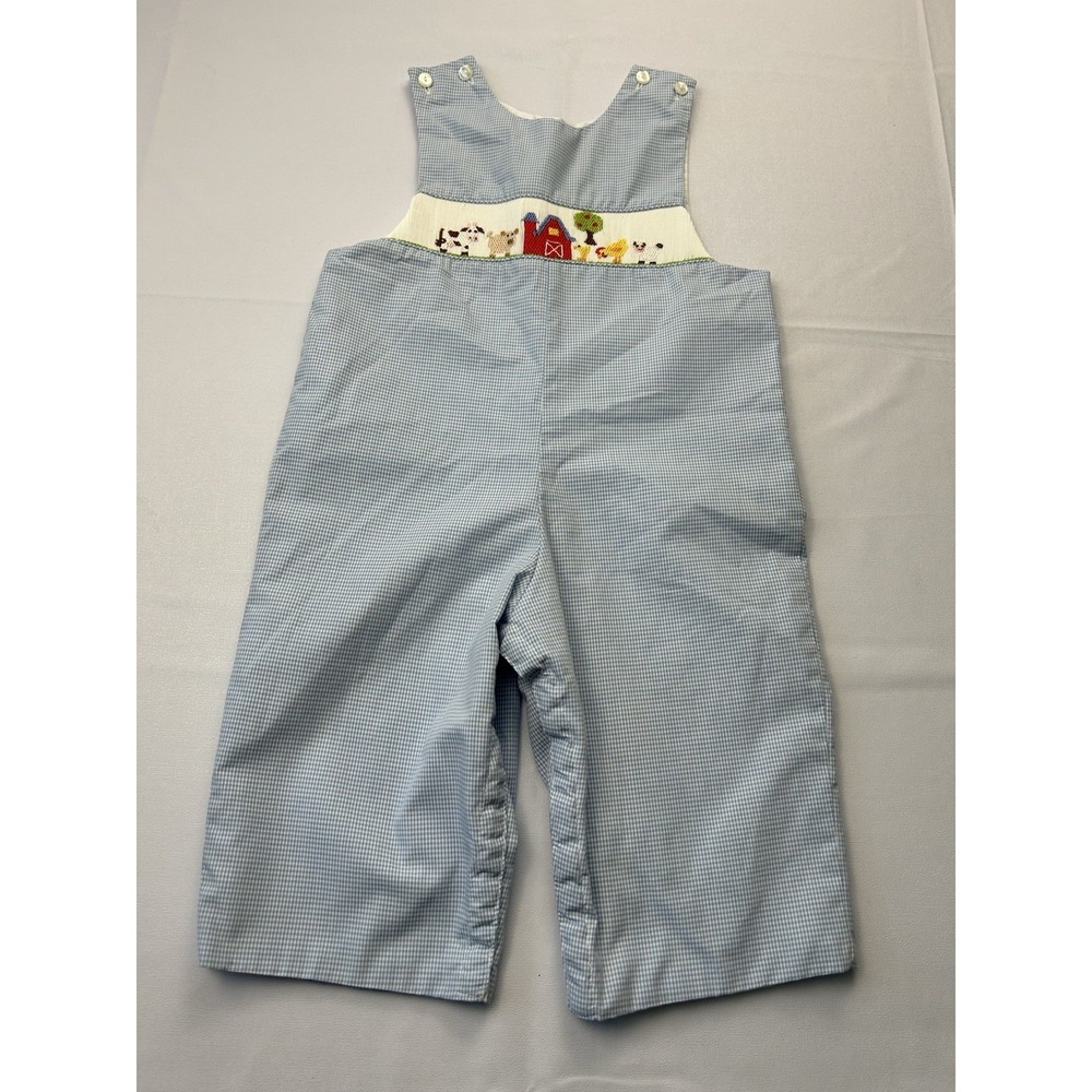 Petit Bebe 18M Baby Boy Jon Jon Smocked Farm Blue Gingham 100% Cotton